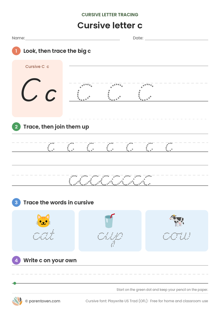 Cursive letter c tracing worksheet: trace a big cursive c, a joined row, the words cat, cup, cow, then write c on your own