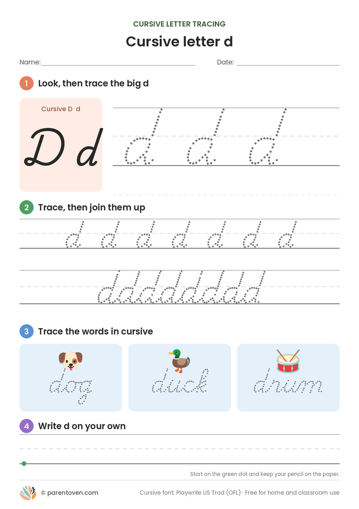 Cursive letter d tracing worksheet: trace a big cursive d, a joined row, the words dog, duck, drum, then write d on your own