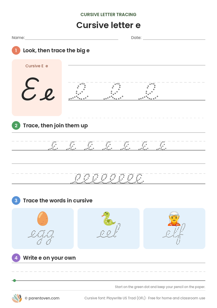 Cursive letter e tracing worksheet: trace a big cursive e, a joined row, the words egg, eel, elf, then write e on your own