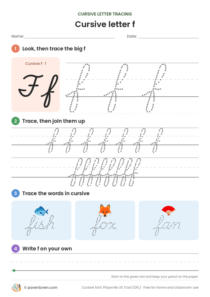 Cursive letter f tracing worksheet: trace a big cursive f, a joined row, the words fish, fox, fan, then write f on your own