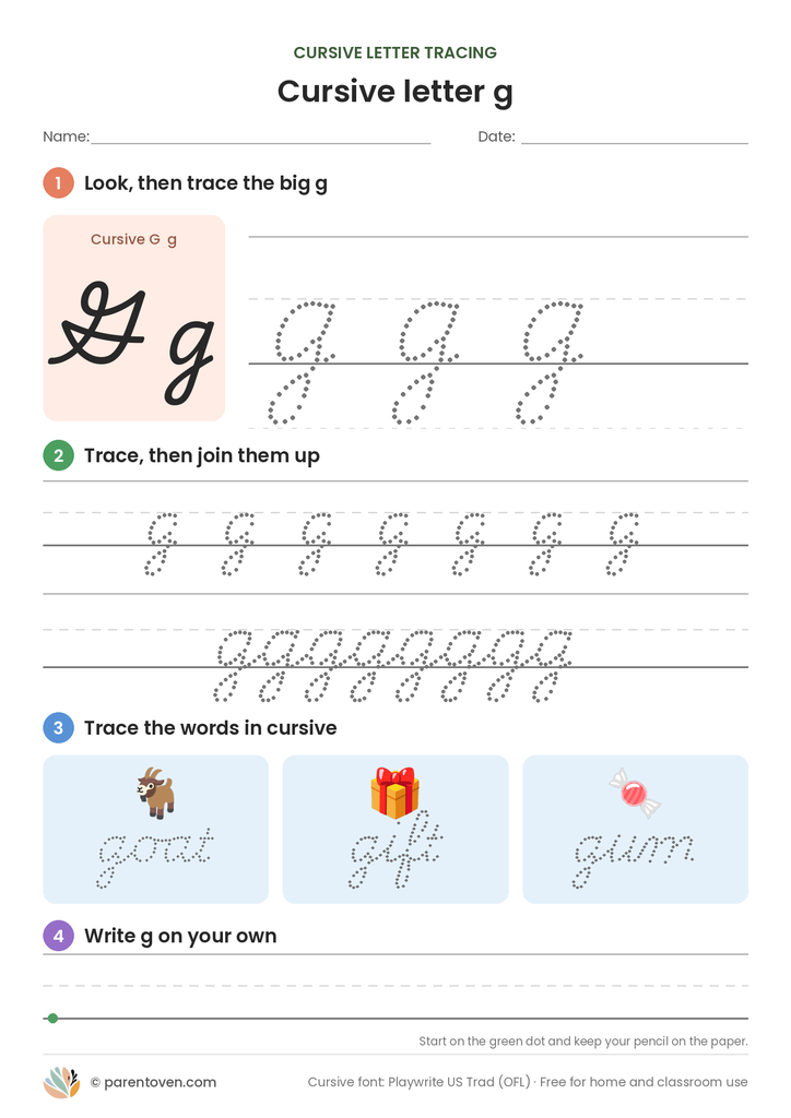 Cursive letter g tracing worksheet: trace a big cursive g, a joined row, the words goat, gift, gum, then write g on your own