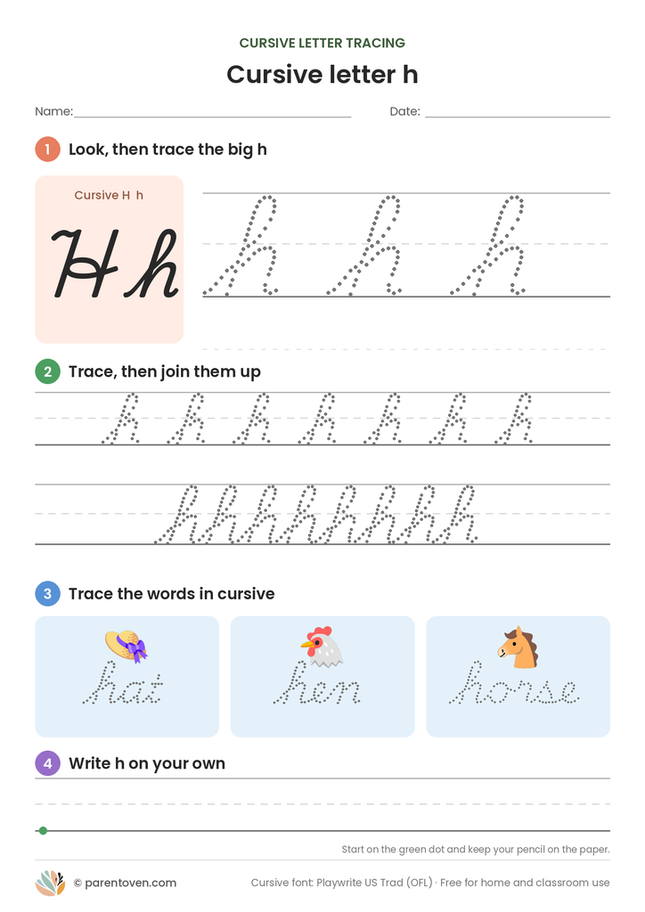 Cursive letter h tracing worksheet: trace a big cursive h, a joined row, the words hat, hen, horse, then write h on your own
