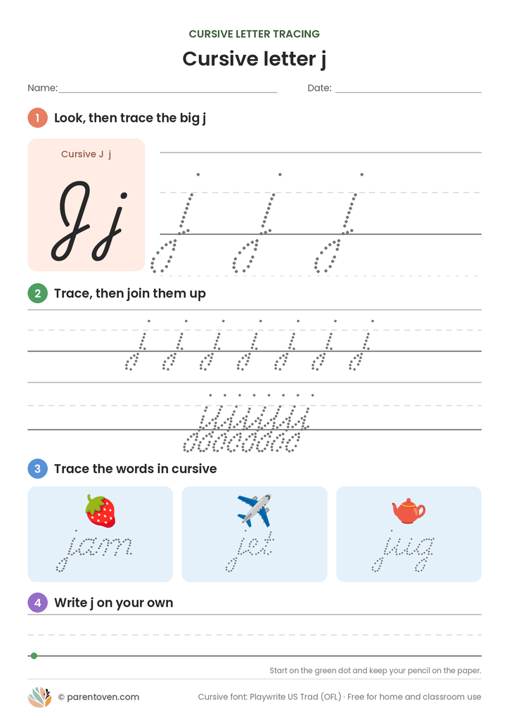 Cursive letter j tracing worksheet: trace a big cursive j, a joined row, the words jam, jet, jug, then write j on your own