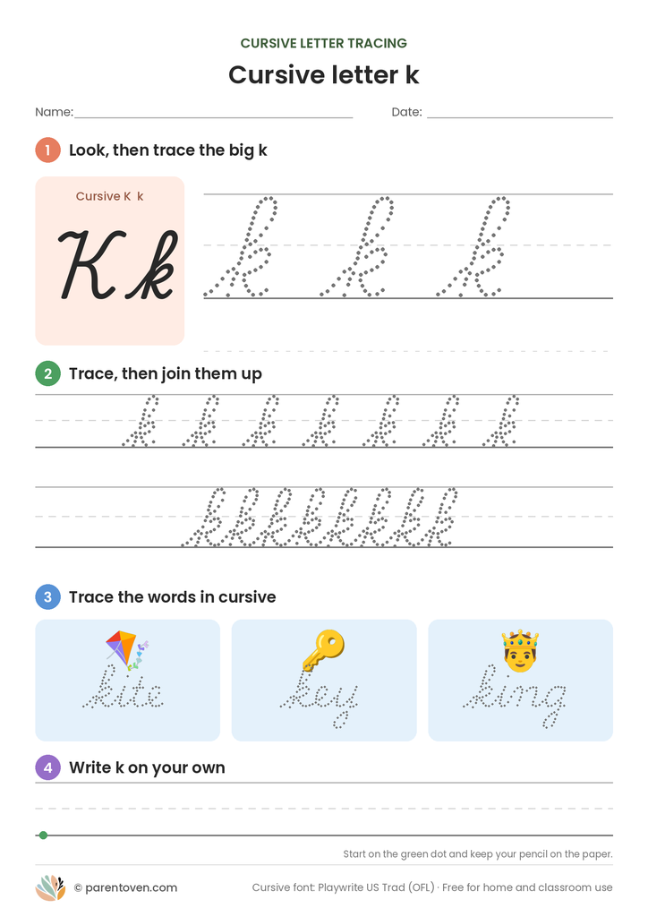 Cursive letter k tracing worksheet: trace a big cursive k, a joined row, the words kite, key, king, then write k on your own