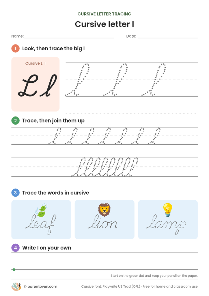 Cursive letter l tracing worksheet: trace a big cursive l, a joined row, the words leaf, lion, lamp, then write l on your own