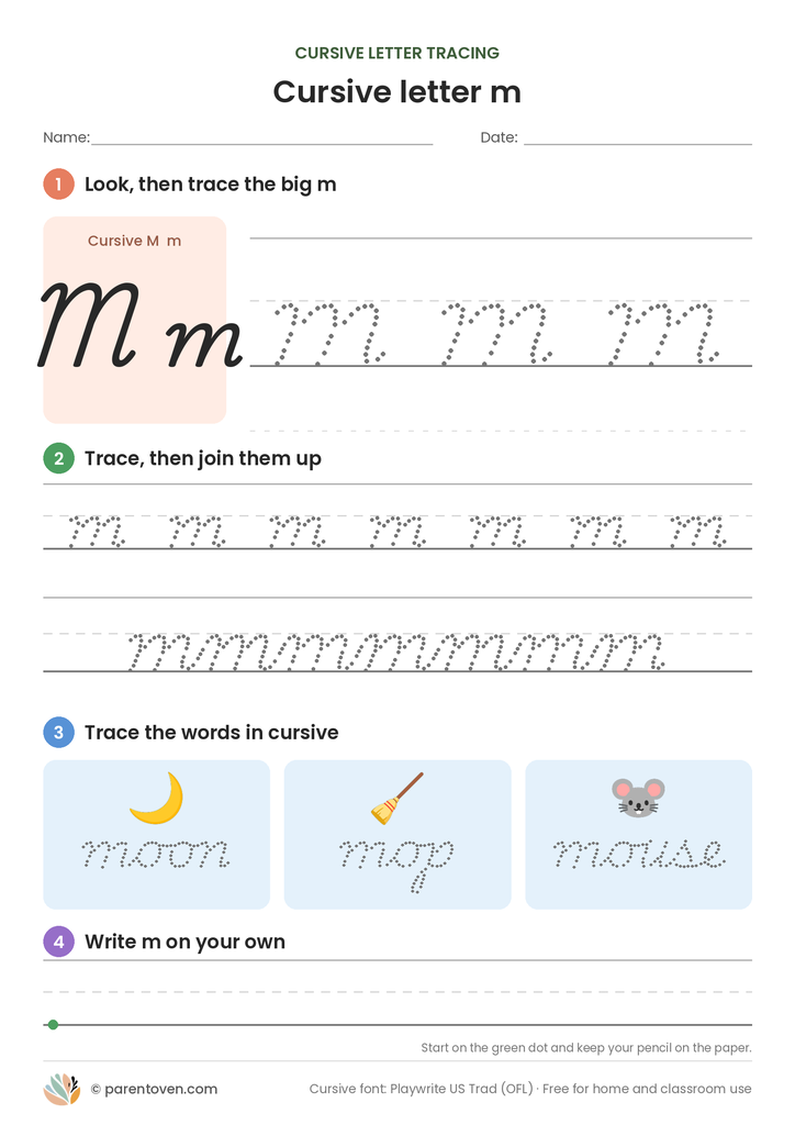 Cursive letter m tracing worksheet: trace a big cursive m, a joined row, the words moon, mop, mouse, then write m on your own