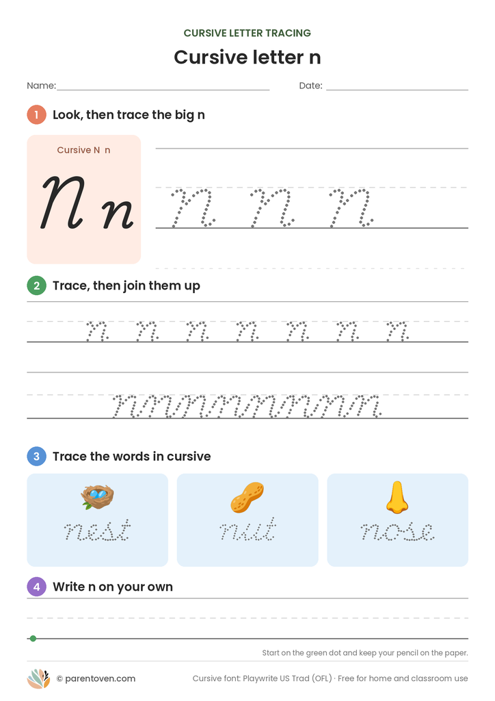 Cursive letter n tracing worksheet: trace a big cursive n, a joined row, the words nest, nut, nose, then write n on your own