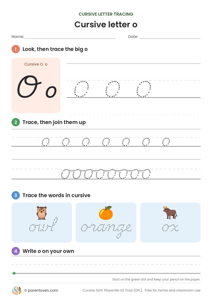 Cursive letter o tracing worksheet: trace a big cursive o, a joined row, the words owl, orange, ox, then write o on your own