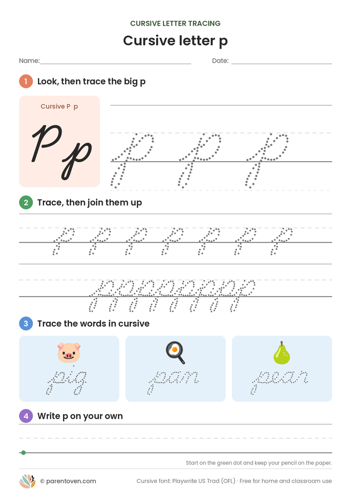 Cursive letter p tracing worksheet: trace a big cursive p, a joined row, the words pig, pan, pear, then write p on your own