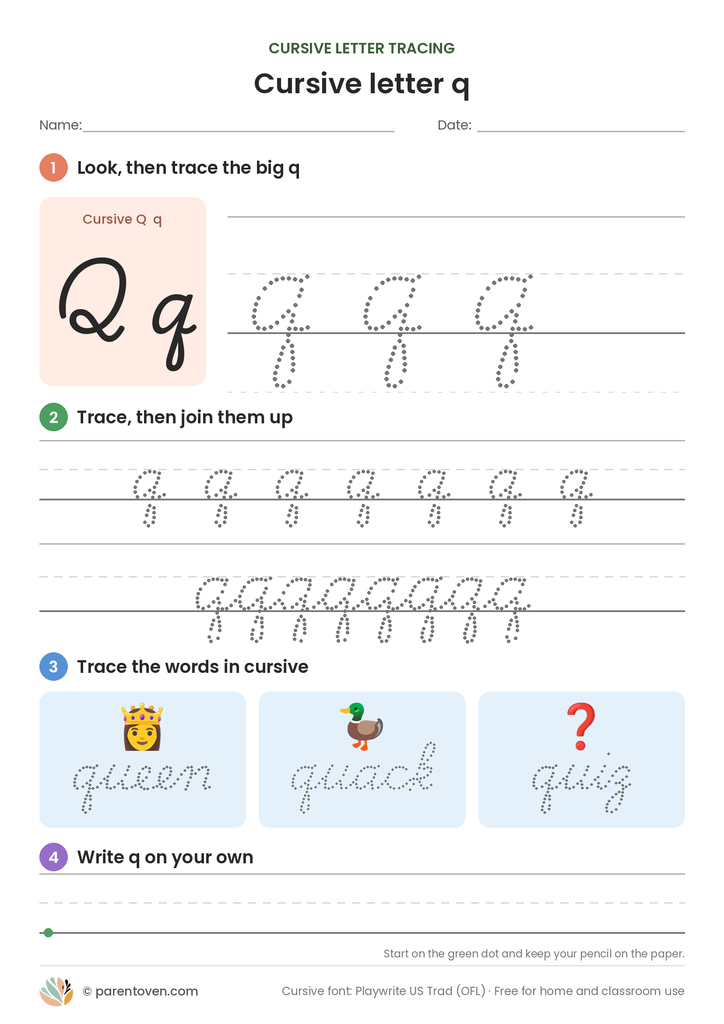 Cursive letter q tracing worksheet: trace a big cursive q, a joined row, the words queen, quack, quiz, then write q on your own