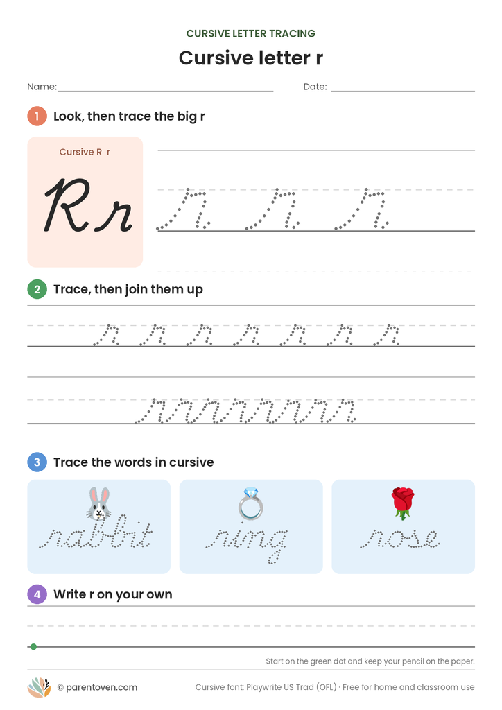 Cursive letter r tracing worksheet: trace a big cursive r, a joined row, the words rabbit, ring, rose, then write r on your own