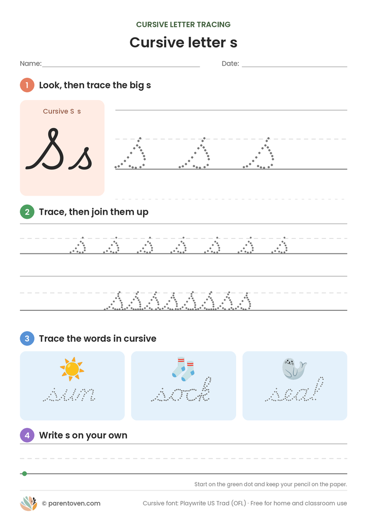 Cursive letter s tracing worksheet: trace a big cursive s, a joined row, the words sun, sock, seal, then write s on your own