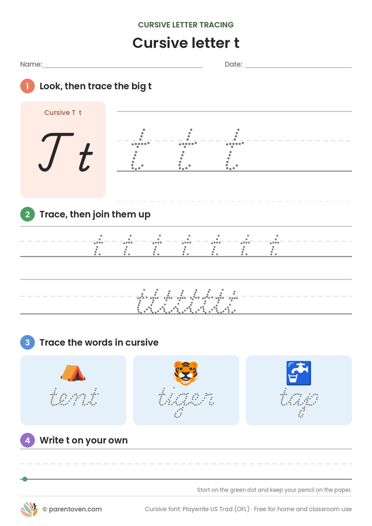 Cursive letter t tracing worksheet: trace a big cursive t, a joined row, the words tent, tiger, tap, then write t on your own