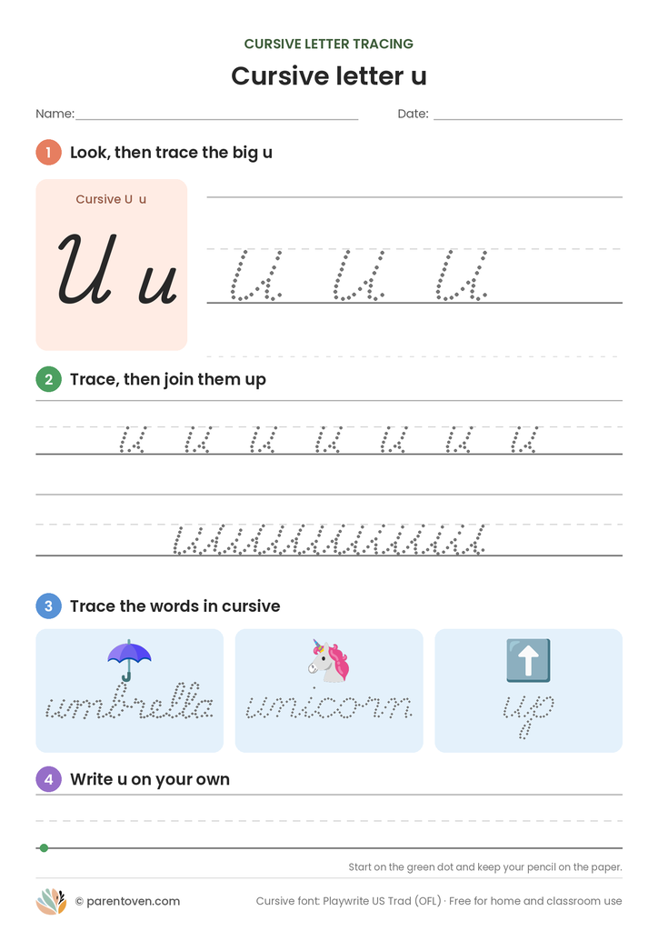 Cursive letter u tracing worksheet: trace a big cursive u, a joined row, the words umbrella, unicorn, up, then write u on your own