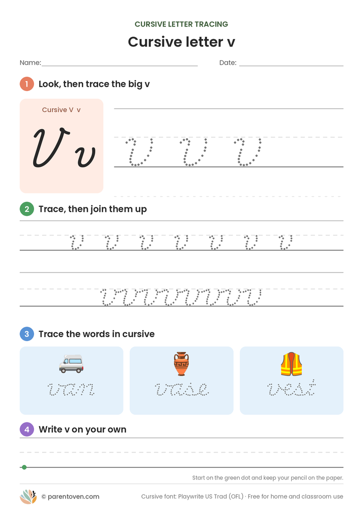 Cursive letter v tracing worksheet: trace a big cursive v, a joined row, the words van, vase, vest, then write v on your own
