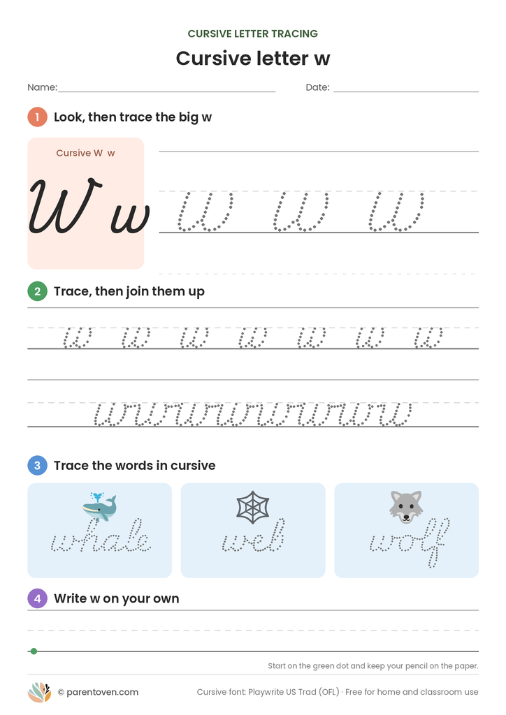 Cursive letter w tracing worksheet: trace a big cursive w, a joined row, the words whale, web, wolf, then write w on your own