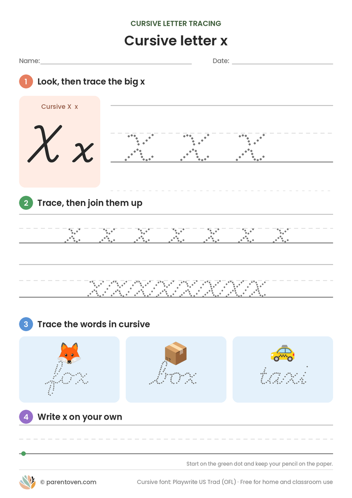 Cursive letter x tracing worksheet: trace a big cursive x, a joined row, the words fox, box, taxi, then write x on your own