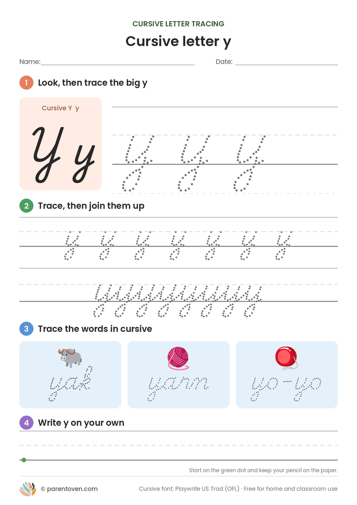 Cursive letter y tracing worksheet: trace a big cursive y, a joined row, the words yak, yarn, yo-yo, then write y on your own