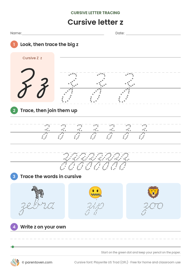 Cursive letter z tracing worksheet: trace a big cursive z, a joined row, the words zebra, zip, zoo, then write z on your own