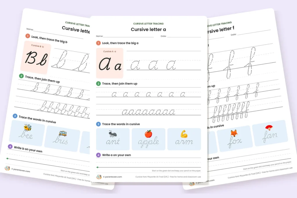 Free cursive letter tracing worksheets for b, a and f with dotted cursive letters, joined rows and words to trace