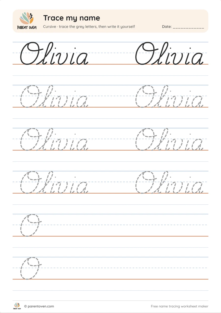 Cursive name tracing worksheet for Olivia