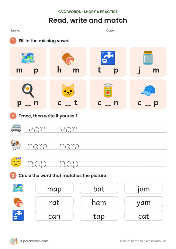 Short a CVC practice page: fill in the missing vowel, trace and write words, circle the word that matches the picture