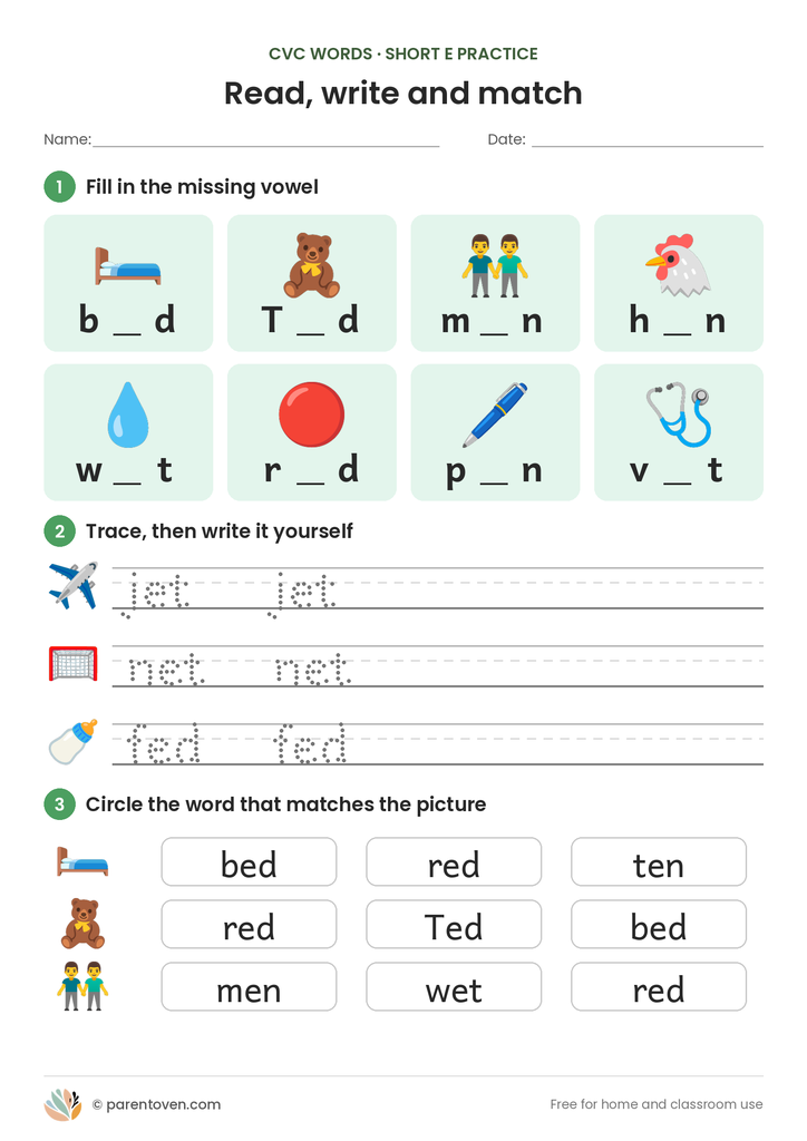 Short e CVC practice page: fill in the missing vowel, trace and write words, circle the word that matches the picture