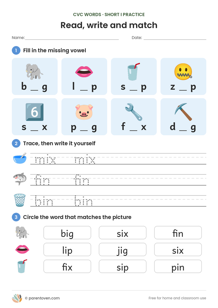 Short i CVC practice page: fill in the missing vowel, trace and write words, circle the word that matches the picture