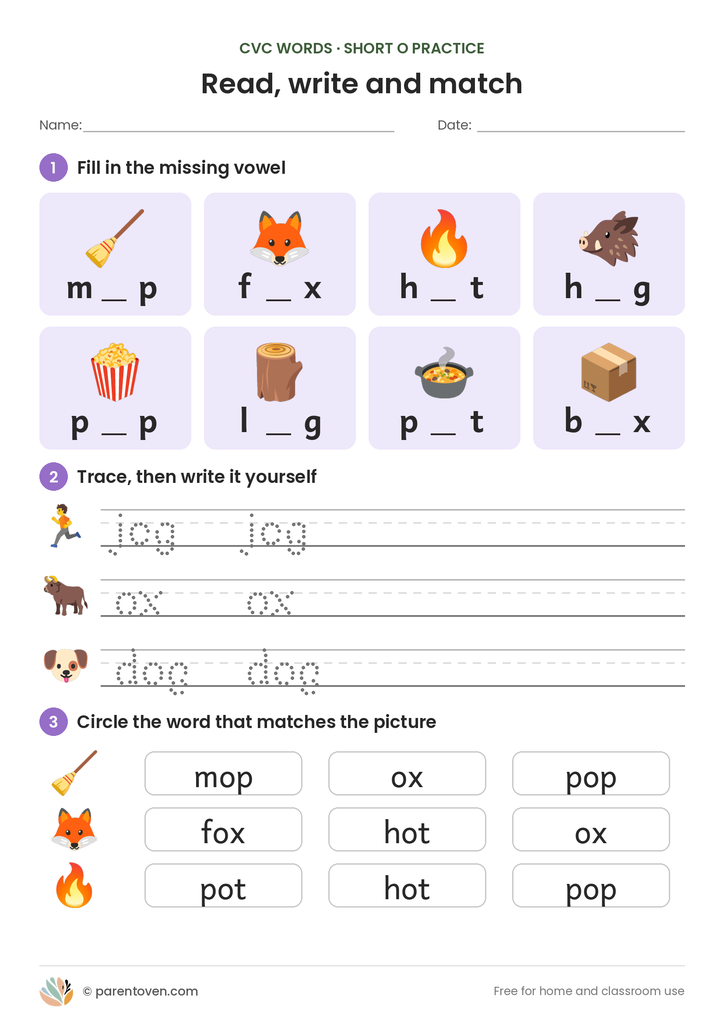 Short o CVC practice page: fill in the missing vowel, trace and write words, circle the word that matches the picture