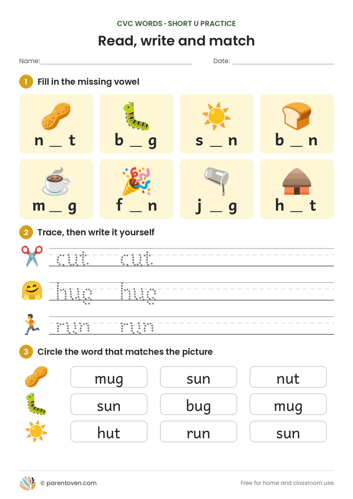 Short u CVC practice page: fill in the missing vowel, trace and write words, circle the word that matches the picture