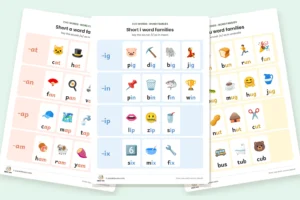 Short a, short i and short u CVC word family charts with a picture for every word