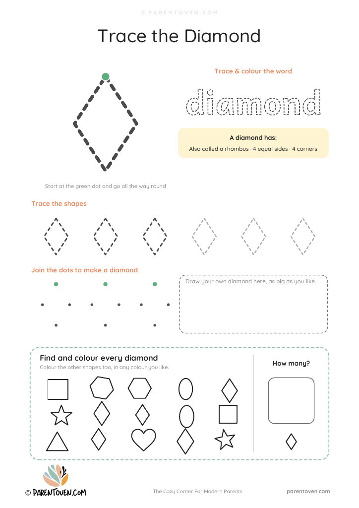 Diamond (Rhombus) shape worksheet: trace a big diamond and the word diamond, trace a row of shapes, join the dots, draw your own and find every diamond