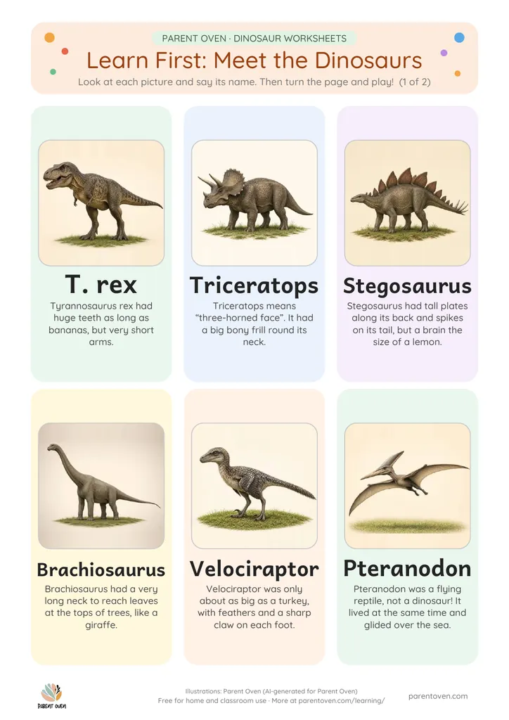 Learn-first dinosaur chart: illustrations of a T. rex, Triceratops, Stegosaurus, Brachiosaurus, Velociraptor and Pteranodon with their names