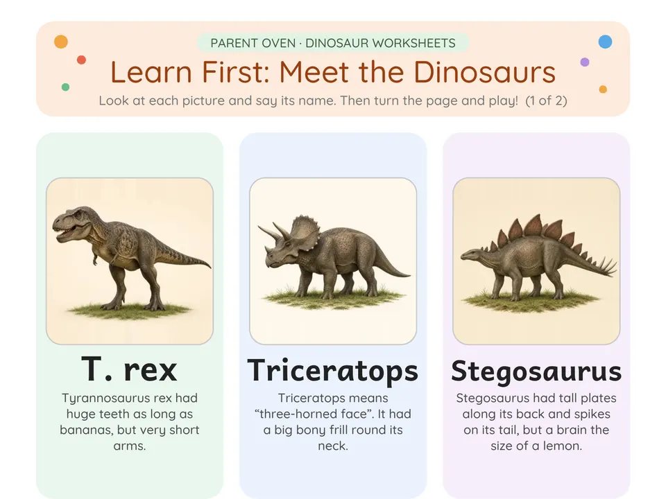 Learn-first page of the free dinosaur worksheets PDF: T. rex, Triceratops and Stegosaurus with their names and fun facts