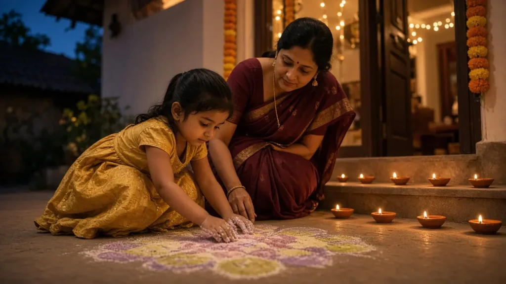 Indian girl in a golden lehenga making a rangoli with her mother on the doorstep on Diwali evening, clay diyas glowing along the steps