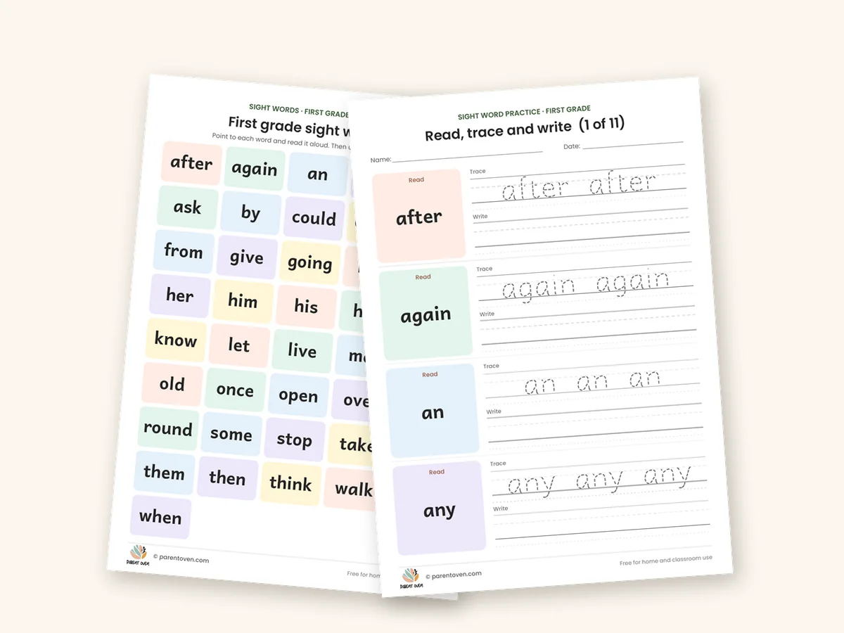 First grade sight words (41) worksheet bundle: sample pages