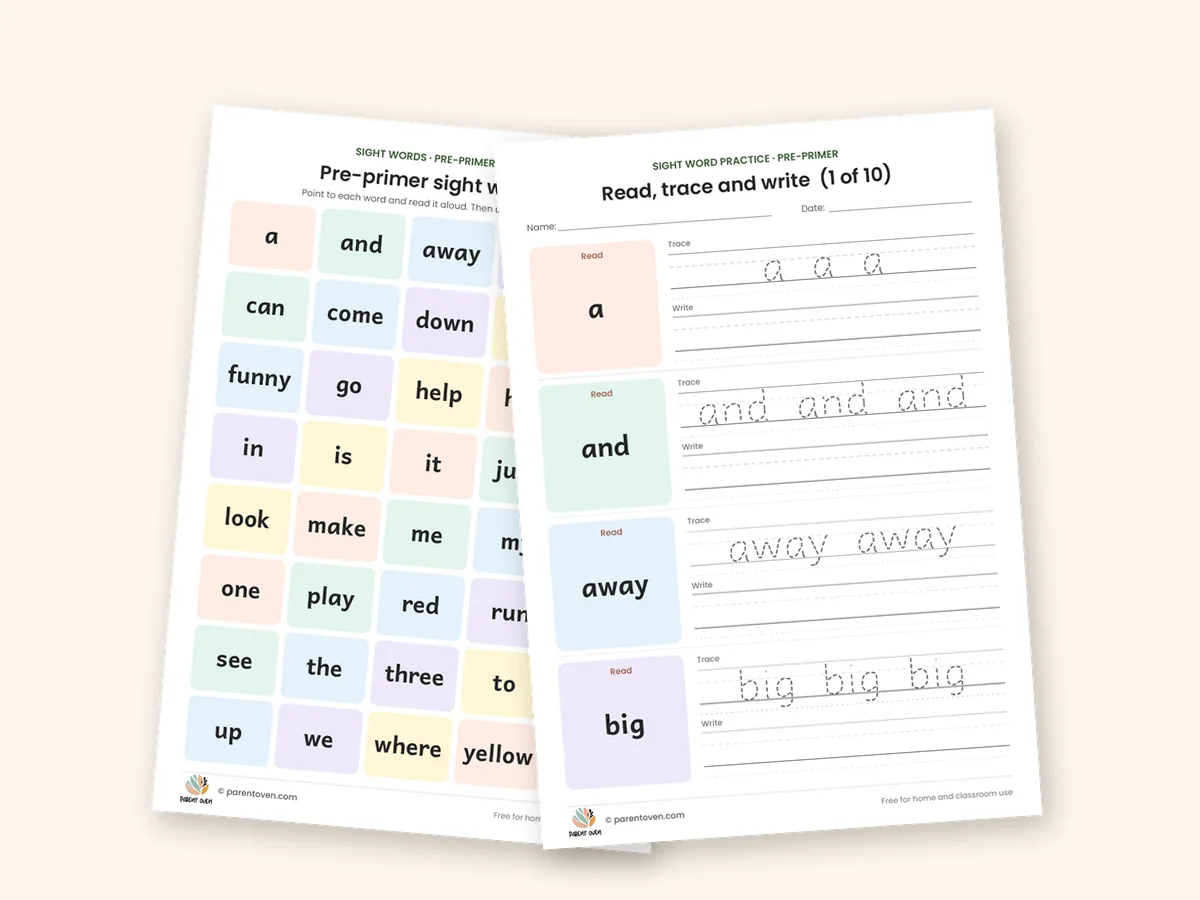 Pre-primer sight words (40) worksheet bundle: sample pages