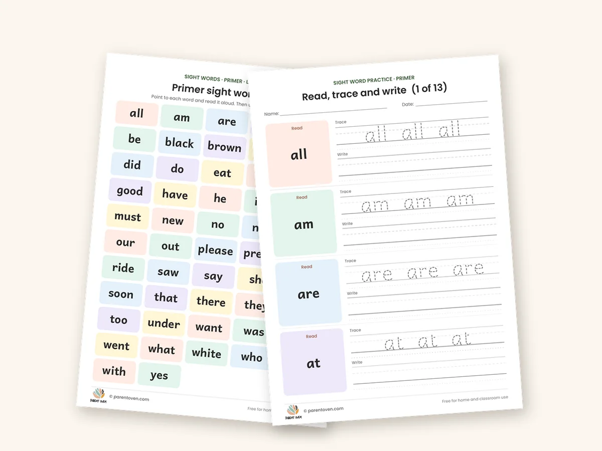 Primer sight words (52) worksheet bundle: sample pages