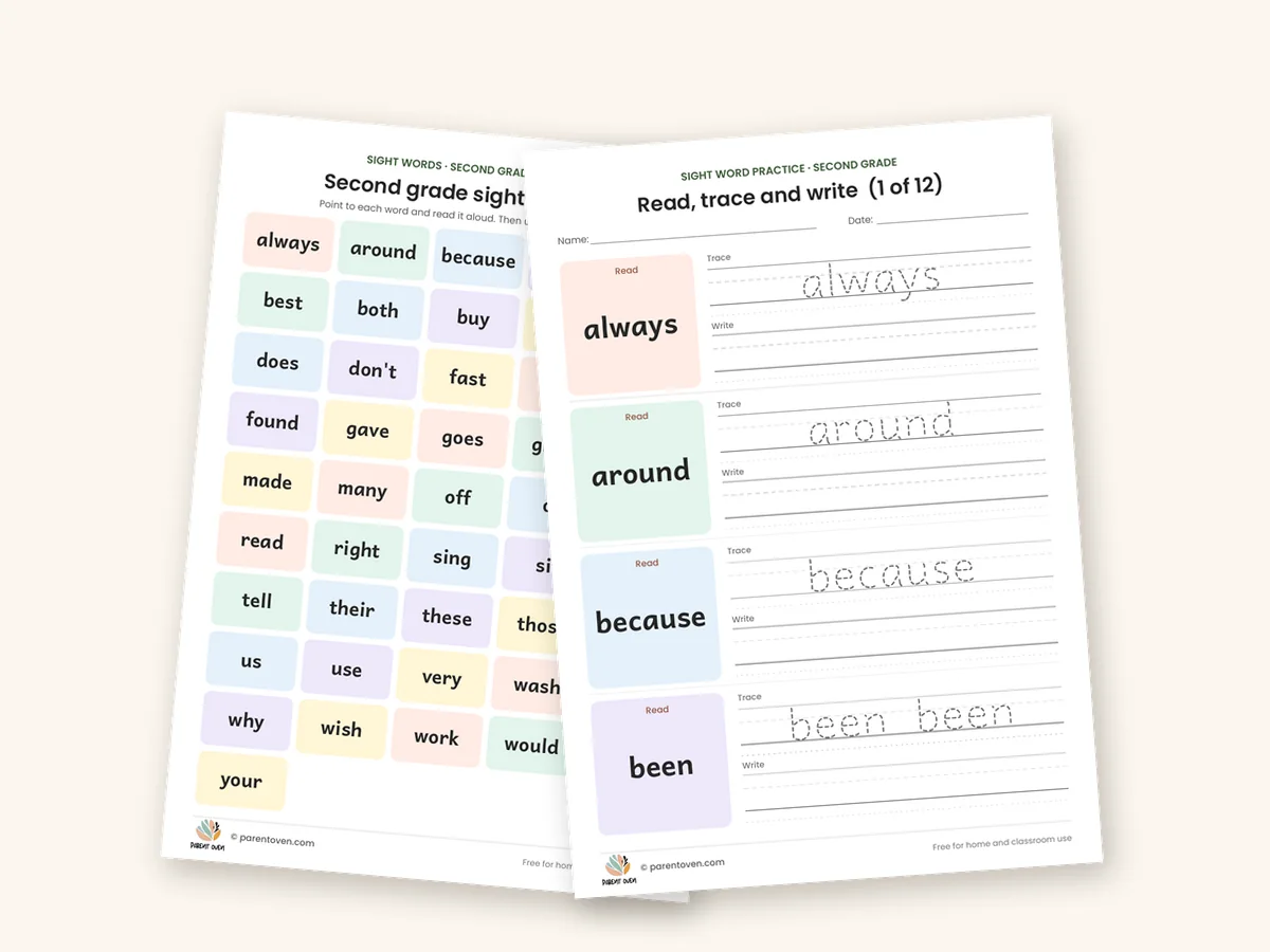Second grade sight words (46) worksheet bundle: sample pages