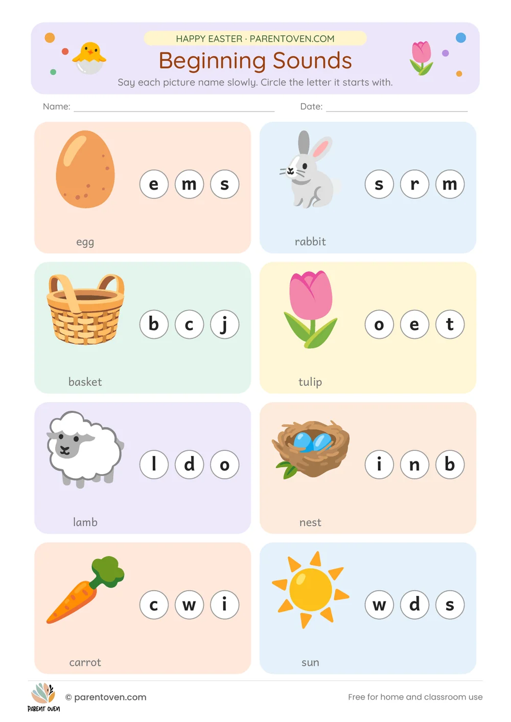 Printable Easter worksheet: Easter beginning sounds