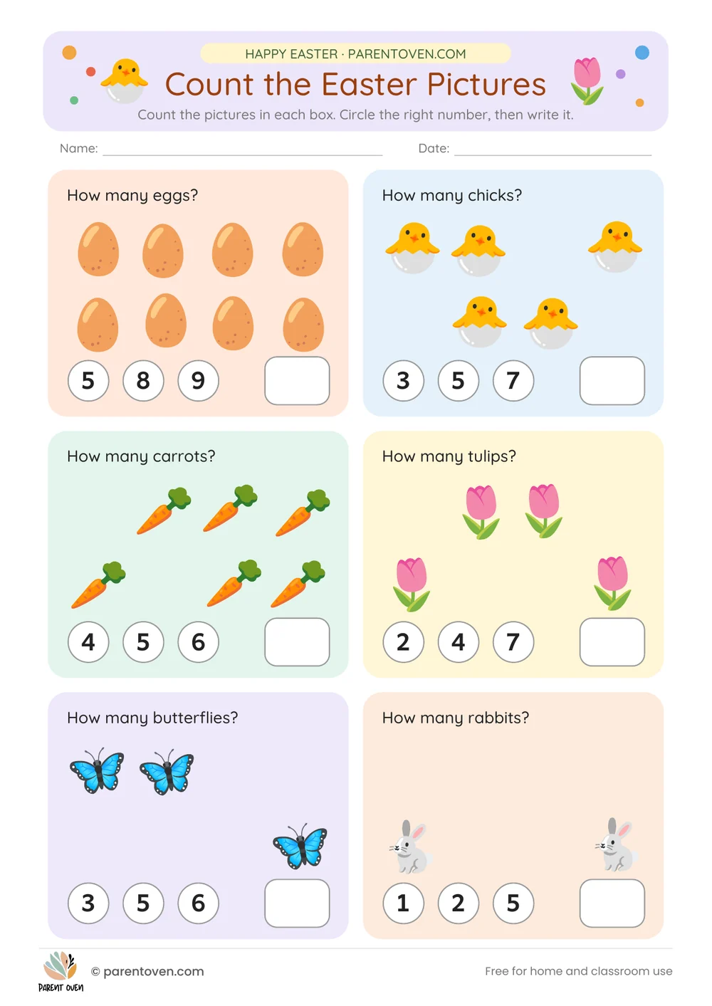 Printable Easter worksheet: Count the Easter pictures