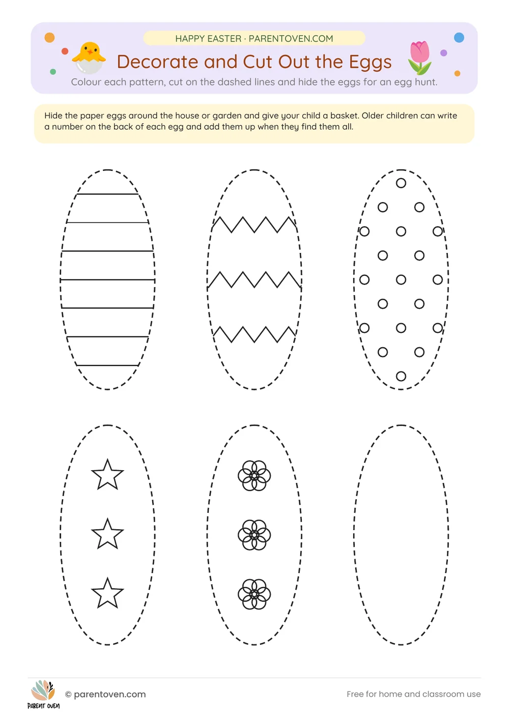 Printable Easter worksheet: Decorate and cut out the eggs