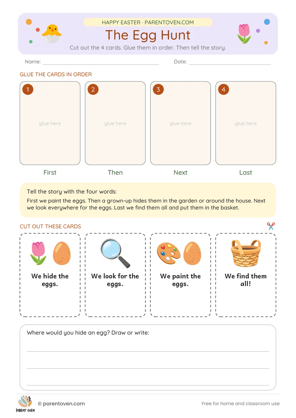 Printable Easter worksheet: The egg hunt (cut and glue)