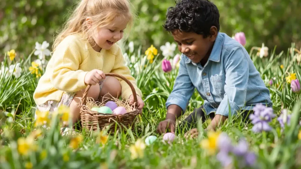 Two young children finding pastel Easter eggs in a spring garden of daffodils and tulips, one holding a wicker basket