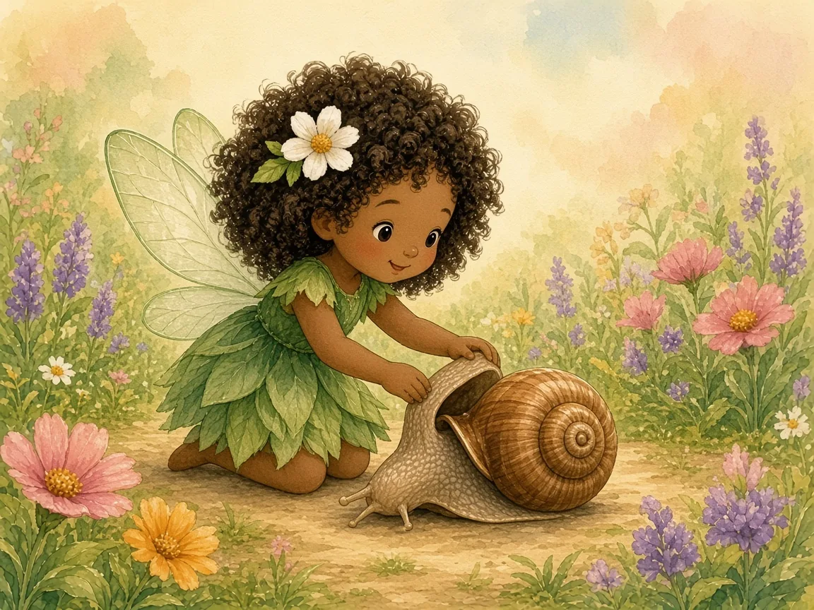 Fern, the Fairy Who Couldn’t Fly (Yet): fern gently helping a snail that is stuck on its back to roll over, on a garden path