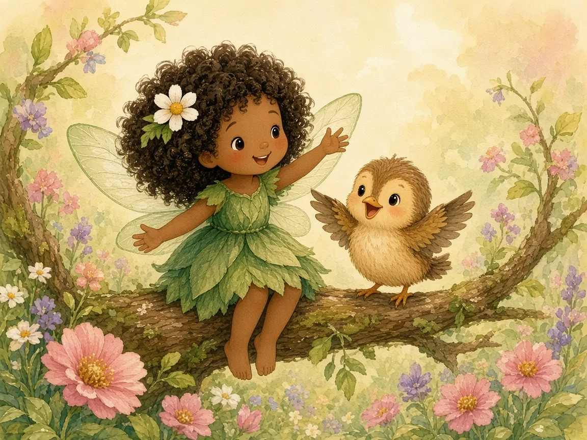 Fern, the Fairy Who Couldn’t Fly (Yet): fern sitting on a low branch beside a fluffy baby bird, both getting ready to flap