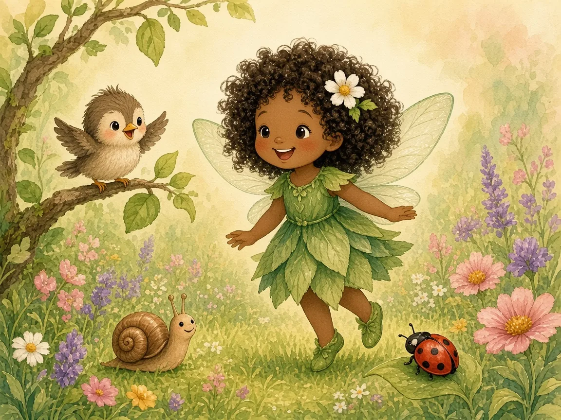 Fern, the Fairy Who Couldn’t Fly (Yet): fern hovering just above the grass with her toes off the ground, overjoyed, the baby bird cheering on the branch
