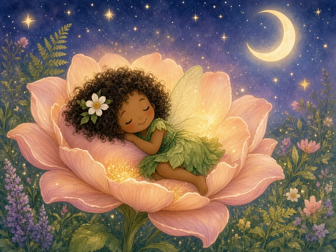 Fern, the Fairy Who Couldn’t Fly (Yet): fern asleep in a flower bed under the moon and stars, smiling