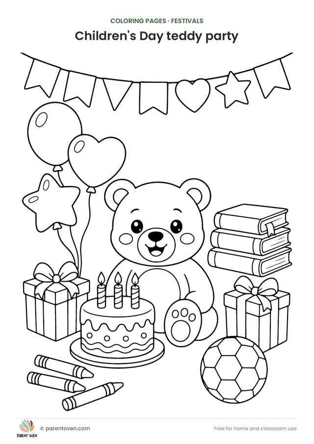 Children's Day teddy party coloring page