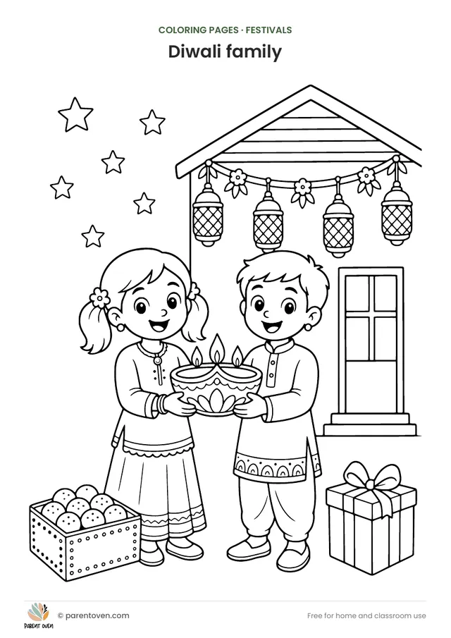 Diwali family coloring page